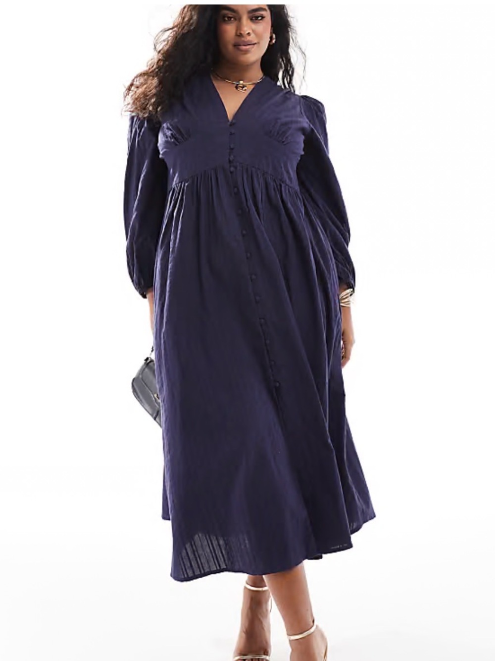Starlight long sleeve Midaxi V‑Neck Long Sleeve Midi Dress in Navy Cotton Plus